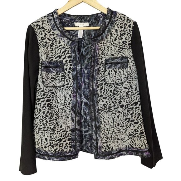 Chico's Black White & Pruple Animal Print Open Front Long Sleeve Blazer Size 12 - Picture 1 of 6